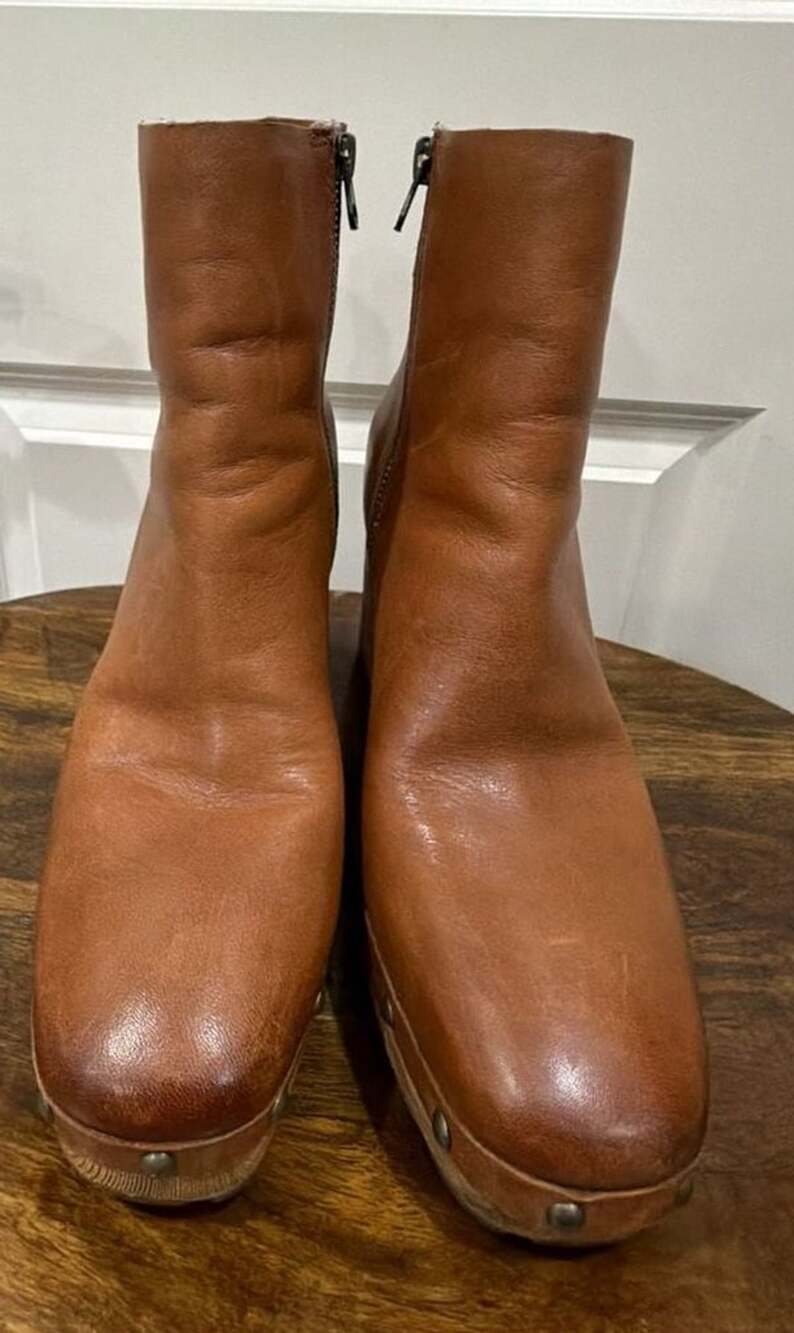 Kork-Ease Clog Booties Size 8.5 Brown Leather Wooden Heel